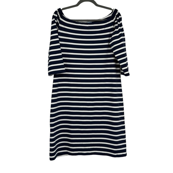 J McLaughlin Size Large Blue/White Patrice Off Shoulder Striped Nautical Dress - Picture 1 of 12